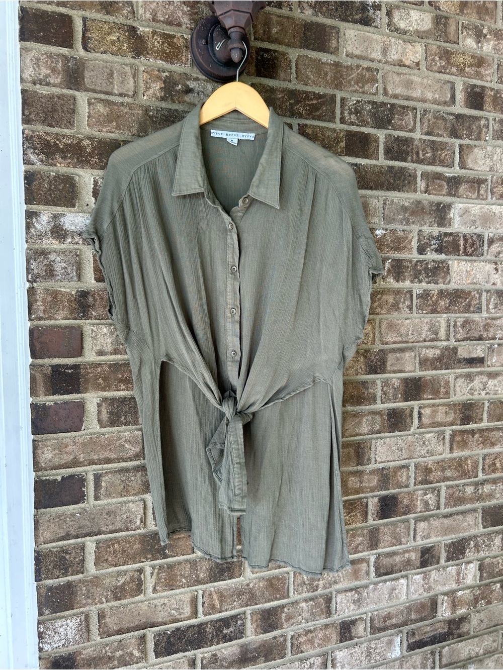 HYFVE Olive Green High Low Button Front Tunic Blouse | Boho Utility Top | Medium